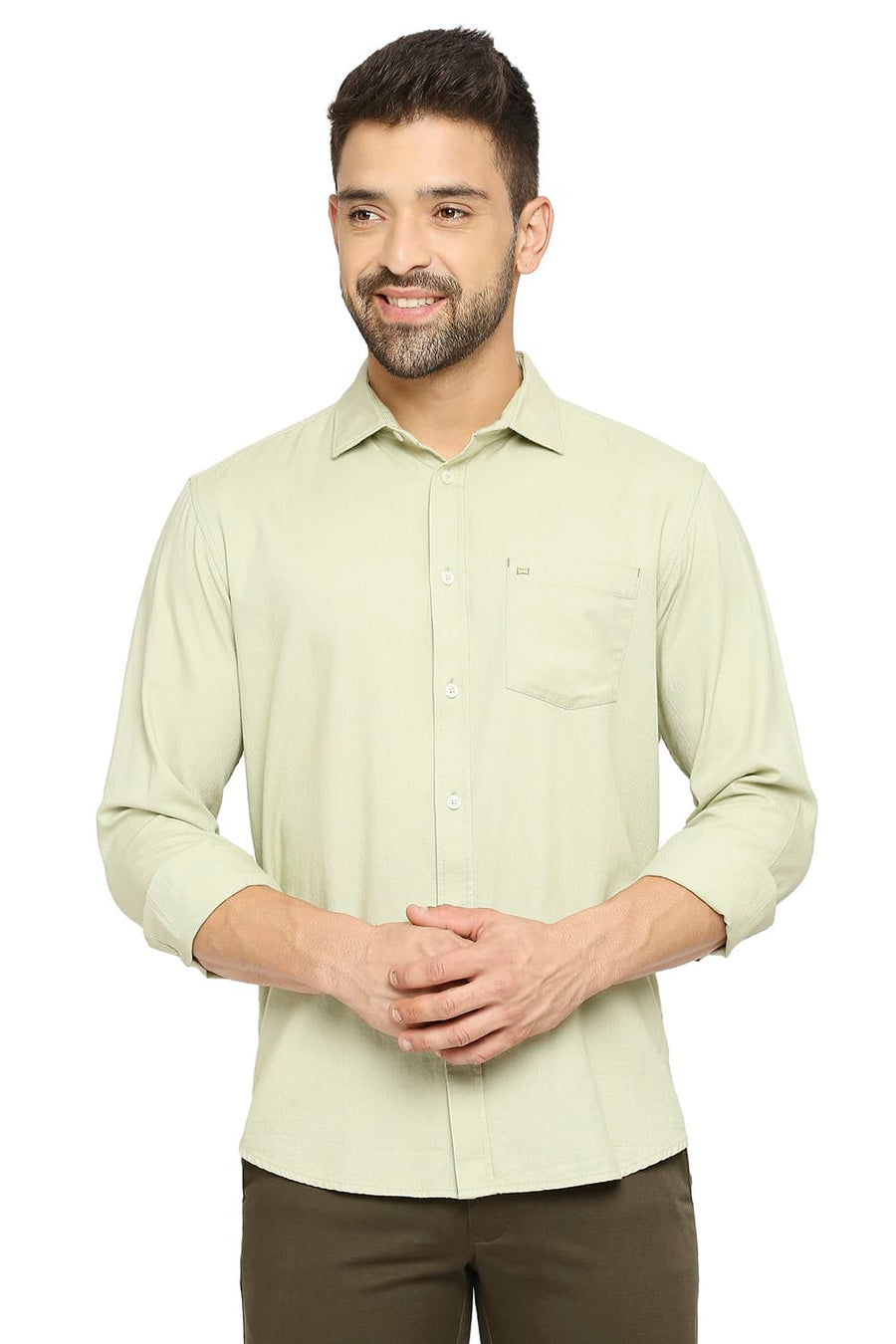 BASICS SLIM FIT BOK OLIVE COTTON DOBBY SHIRT