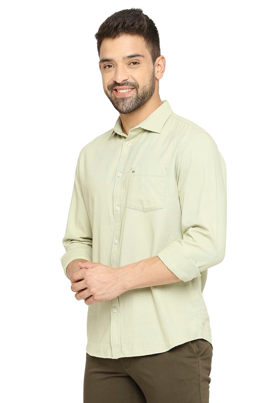 BASICS SLIM FIT BOK OLIVE COTTON DOBBY SHIRT