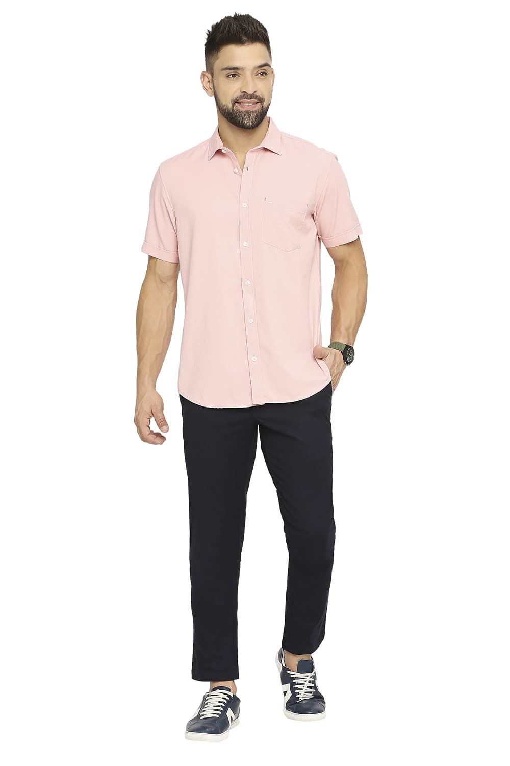 BASICS SLIM FIT COTTON DOBBY HALFSLEEVES SHIRT