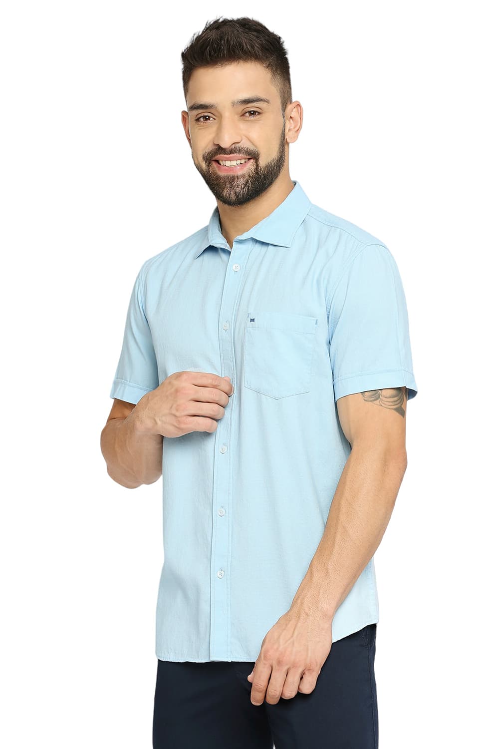 BASICS SLIM FIT COTTON DOBBY HALFSLEEVES SHIRT