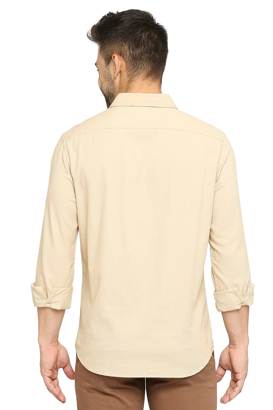 BASICS SLIM FIT OYSTER BEIGE COTTON DOBBY SHIRT