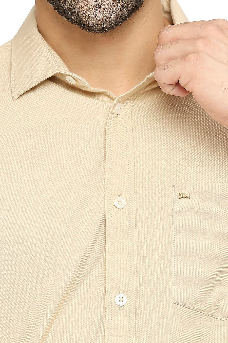 BASICS SLIM FIT OYSTER BEIGE COTTON DOBBY SHIRT