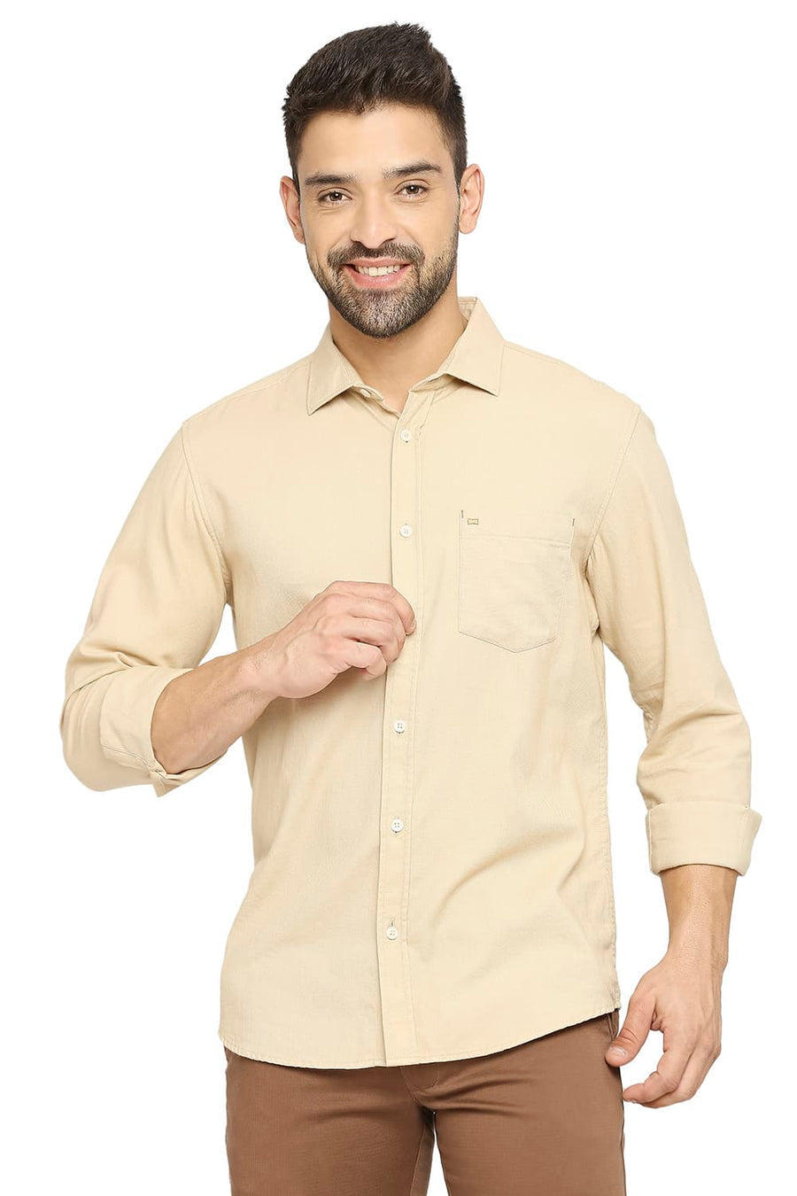 BASICS SLIM FIT OYSTER BEIGE COTTON DOBBY SHIRT