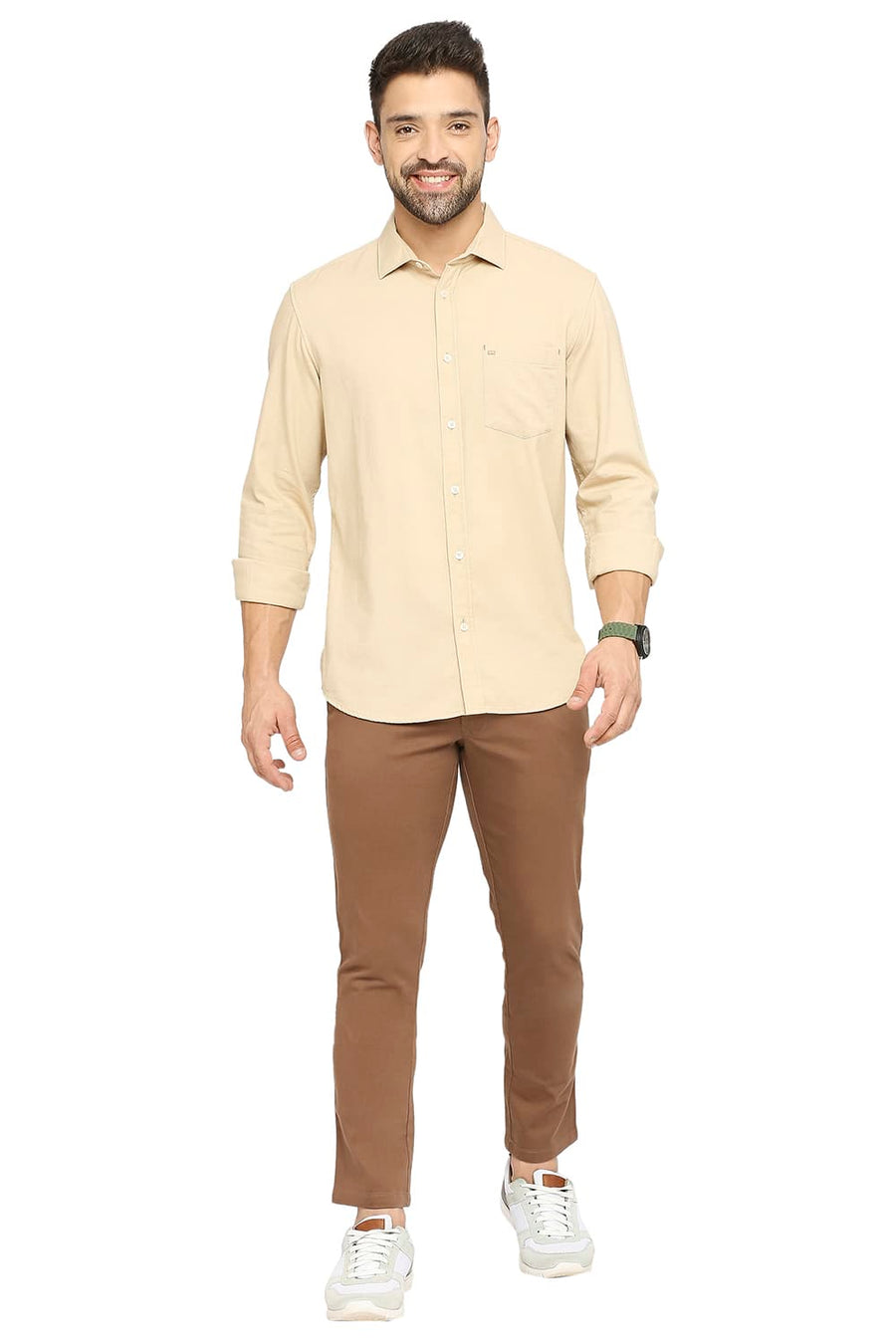 BASICS SLIM FIT OYSTER BEIGE COTTON DOBBY SHIRT