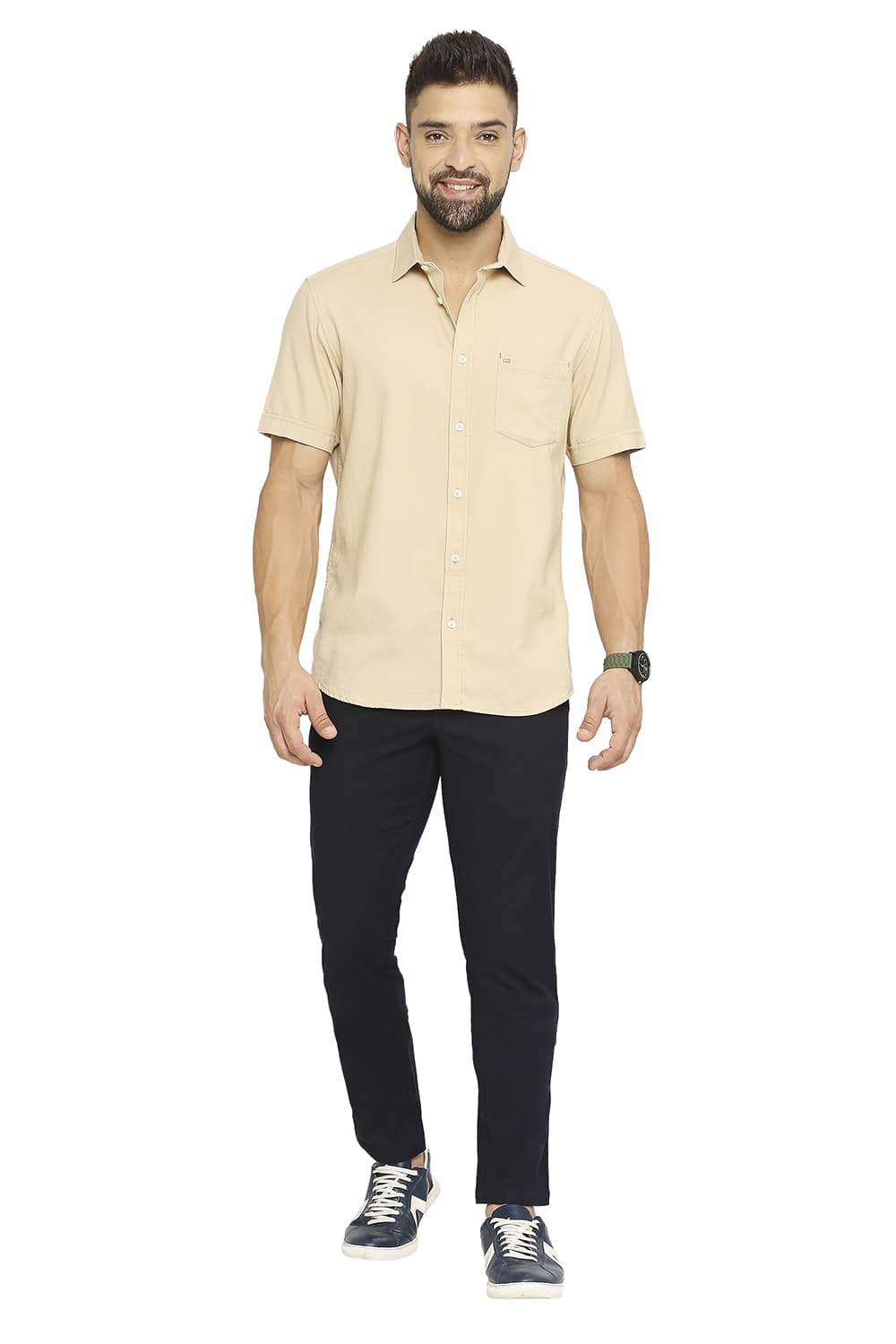 BASICS SLIM FIT COTTON DOBBY HALFSLEEVES SHIRT