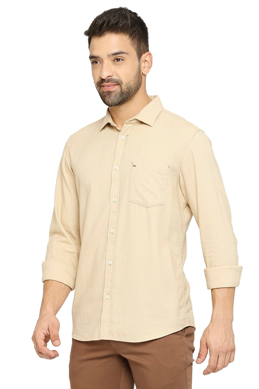 BASICS SLIM FIT OYSTER BEIGE COTTON DOBBY SHIRT