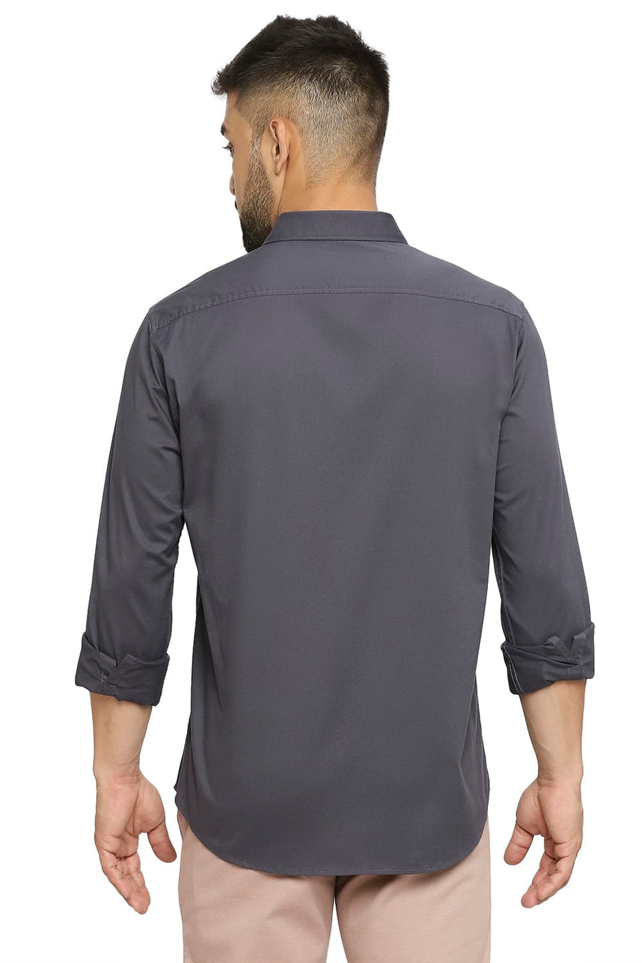 BASICS SLIM FIT STEEL GREY COTTON STRETCH TWILL SHIRT