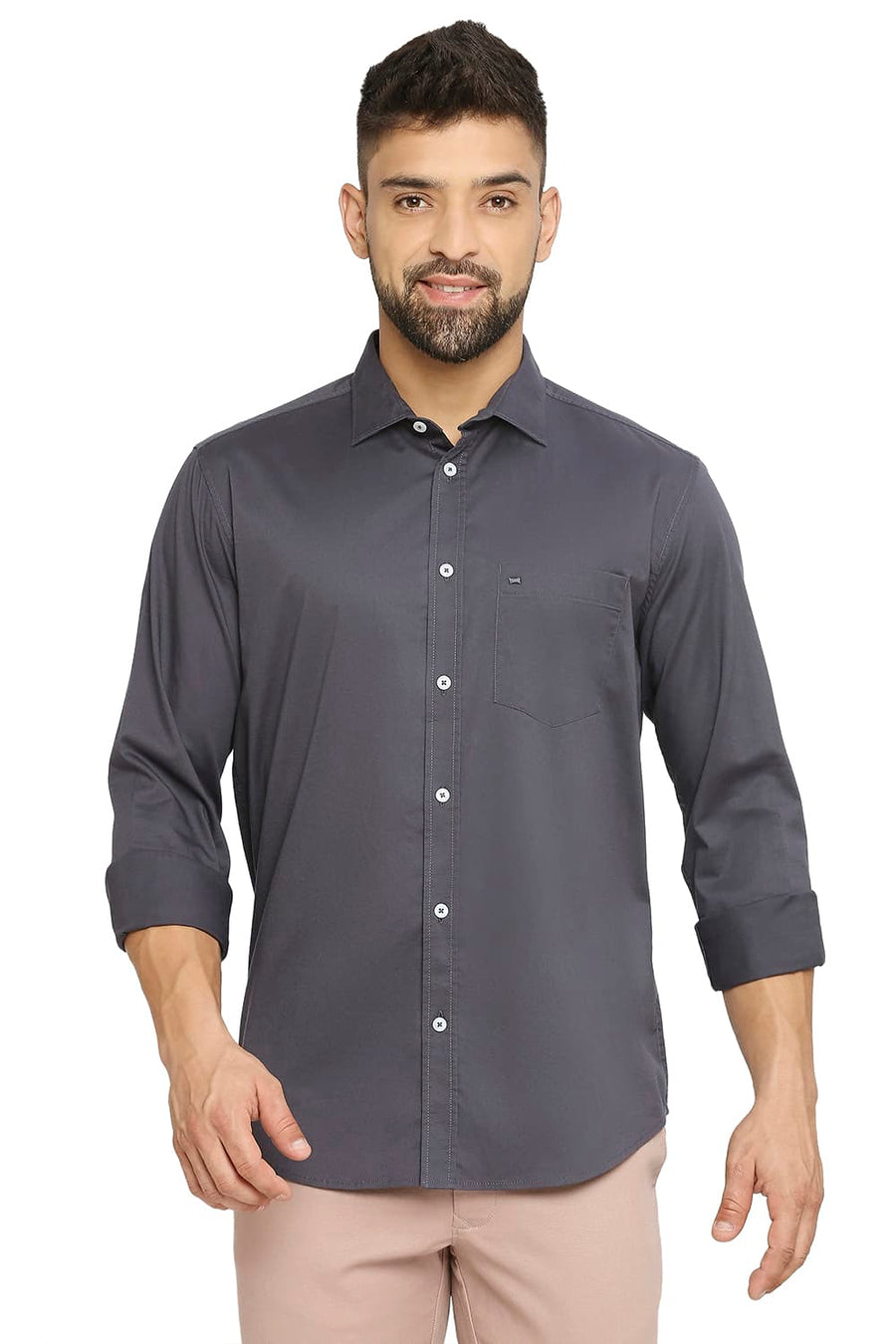 BASICS SLIM FIT STEEL GREY COTTON STRETCH TWILL SHIRT
