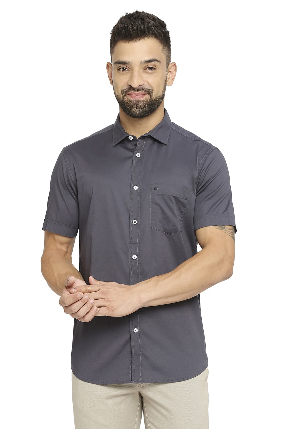 BASICS SLIM FIT COTTON STRETCH TWILL SHIRT