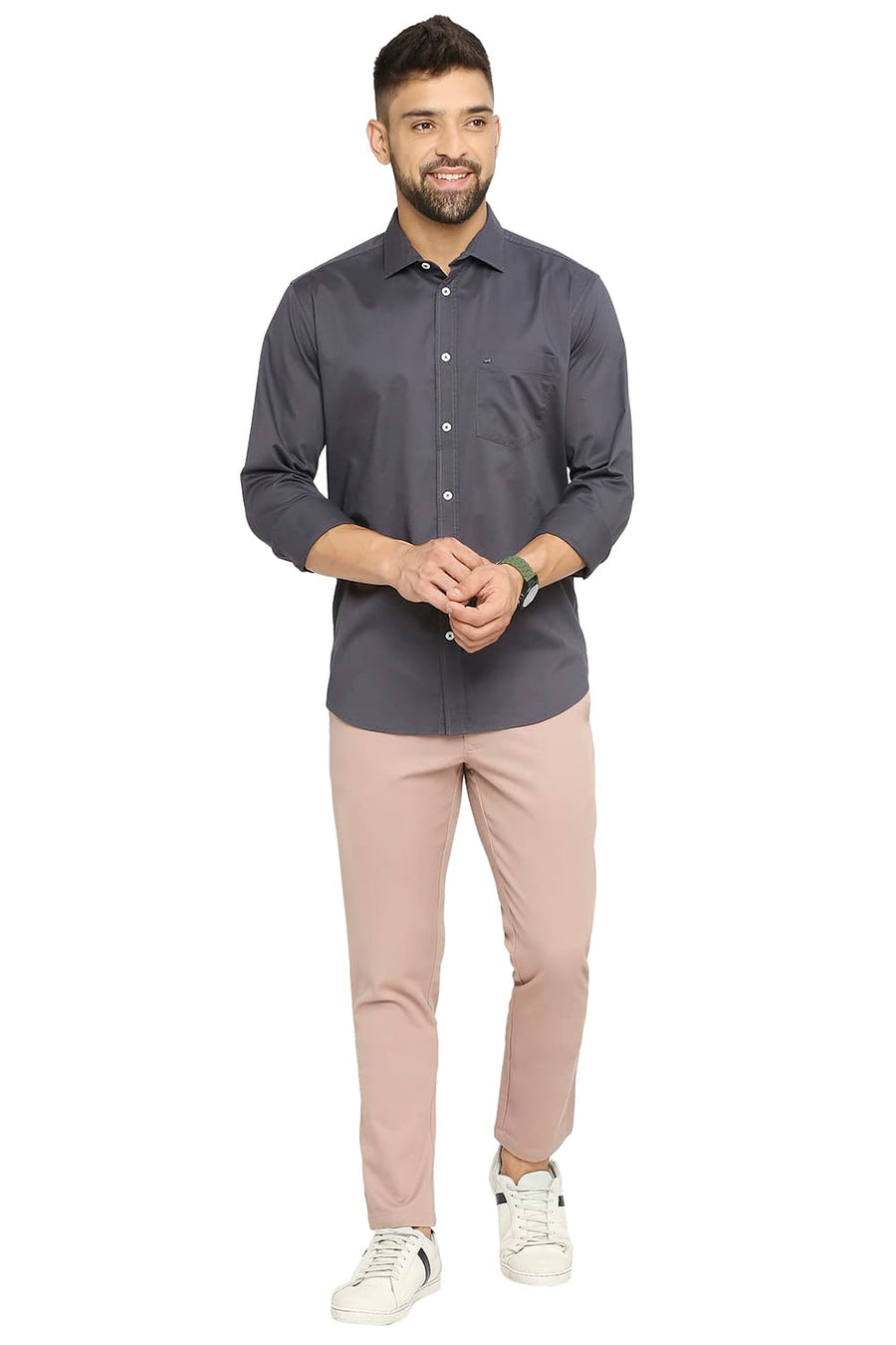 BASICS SLIM FIT STEEL GREY COTTON STRETCH TWILL SHIRT