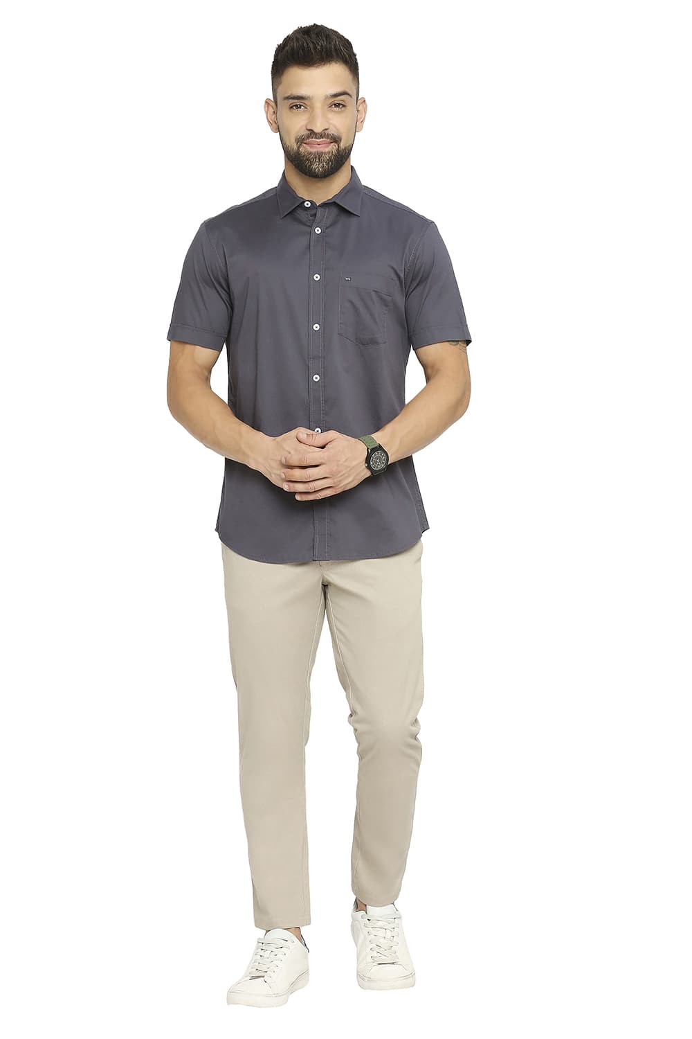 BASICS SLIM FIT COTTON STRETCH TWILL HALFSLEEVES SHIRT