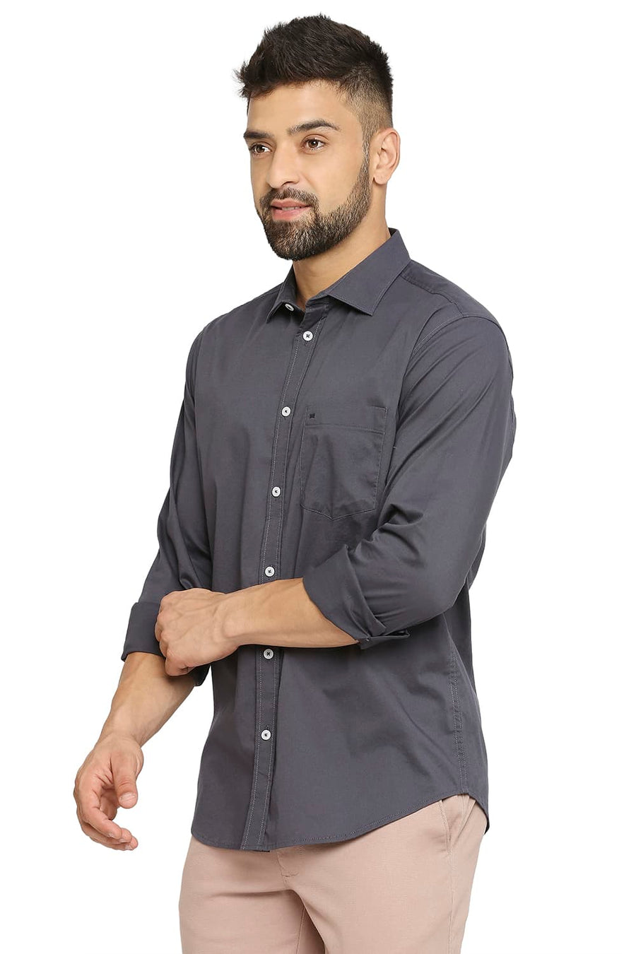 BASICS SLIM FIT STEEL GREY COTTON STRETCH TWILL SHIRT