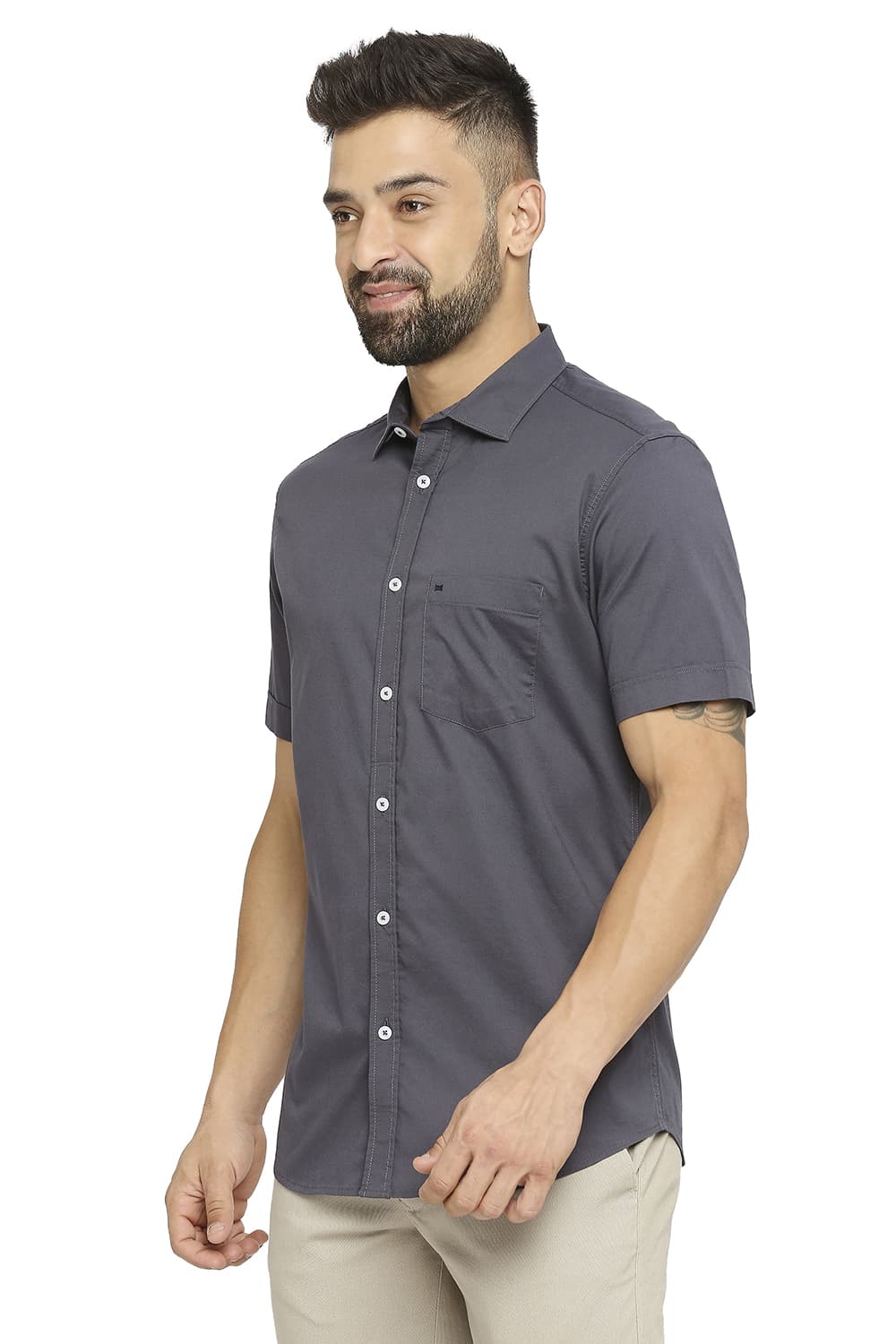 BASICS SLIM FIT COTTON STRETCH TWILL HALFSLEEVES SHIRT