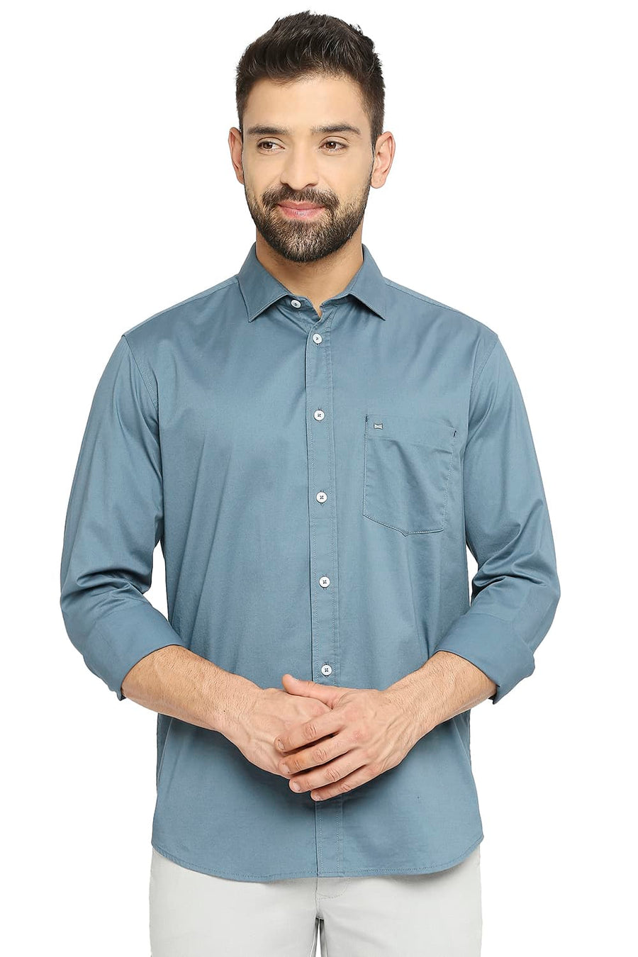 BASICS SLIM FIT RIVERSIDE BLUE COTTON STRETCH TWILL SHIRT