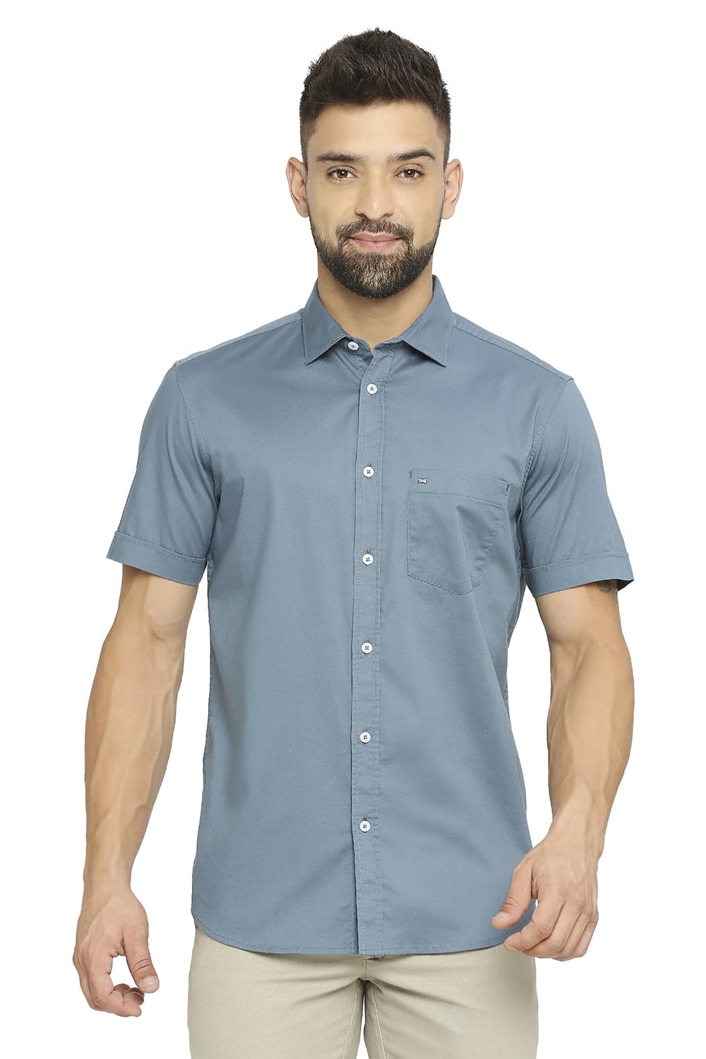 BASICS SLIM FIT COTTON STRETCH TWILL HALFSLEEVES SHIRT