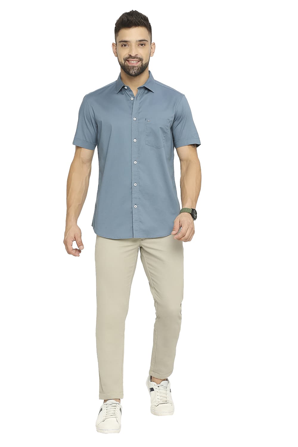 BASICS SLIM FIT COTTON STRETCH TWILL HALFSLEEVES SHIRT