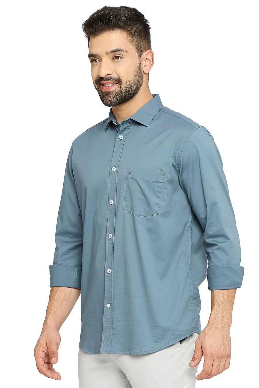 BASICS SLIM FIT RIVERSIDE BLUE COTTON STRETCH TWILL SHIRT