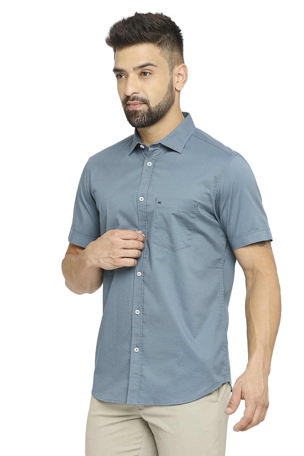 BASICS SLIM FIT COTTON STRETCH TWILL HALFSLEEVES SHIRT