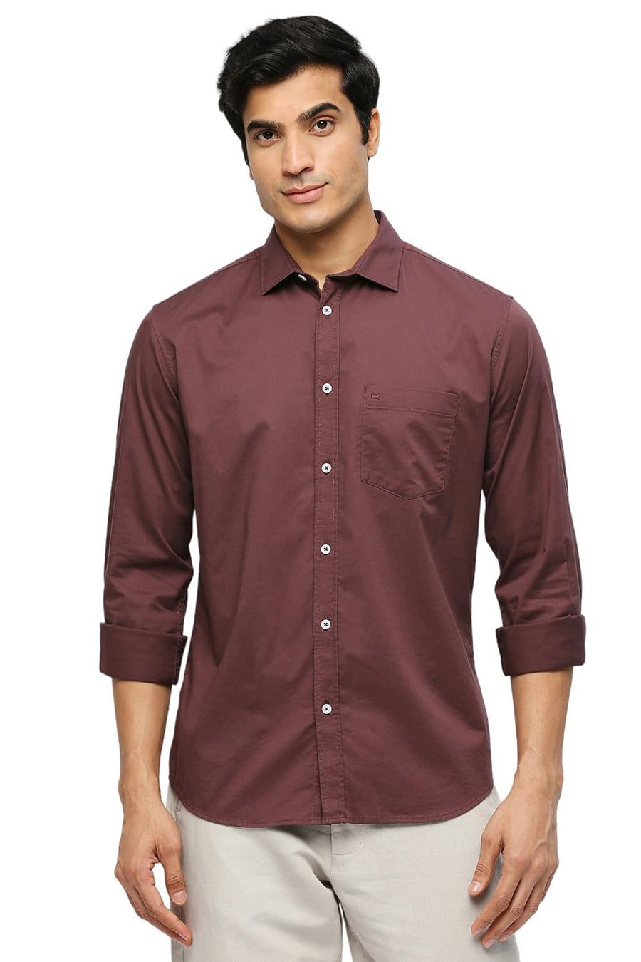 BASICS SLIM FIT BITTER BROWN COTTON STRETCH TWILL SHIRT