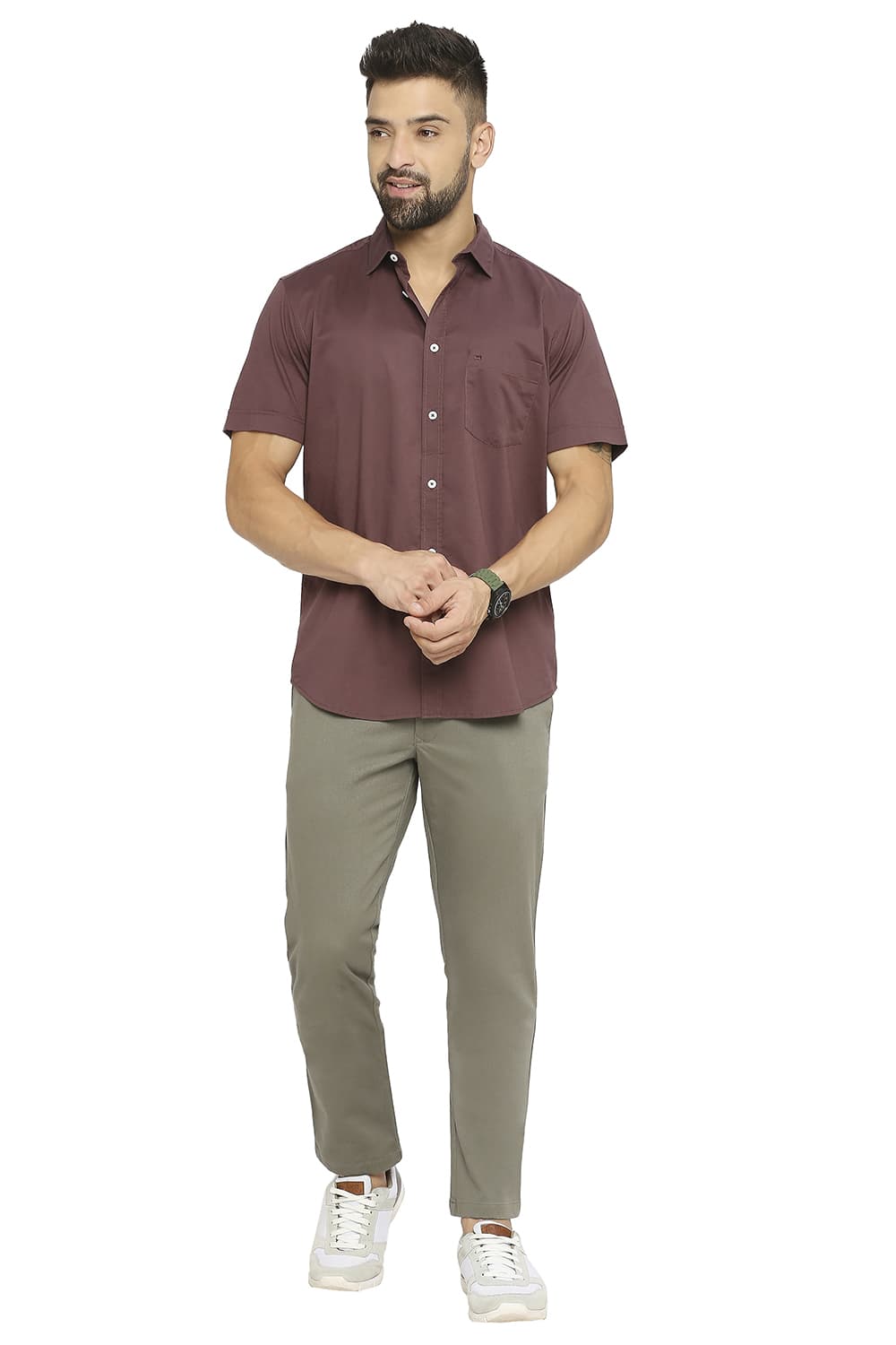 BASICS SLIM FIT COTTON STRETCH TWILL HALFSLEEVES SHIRT