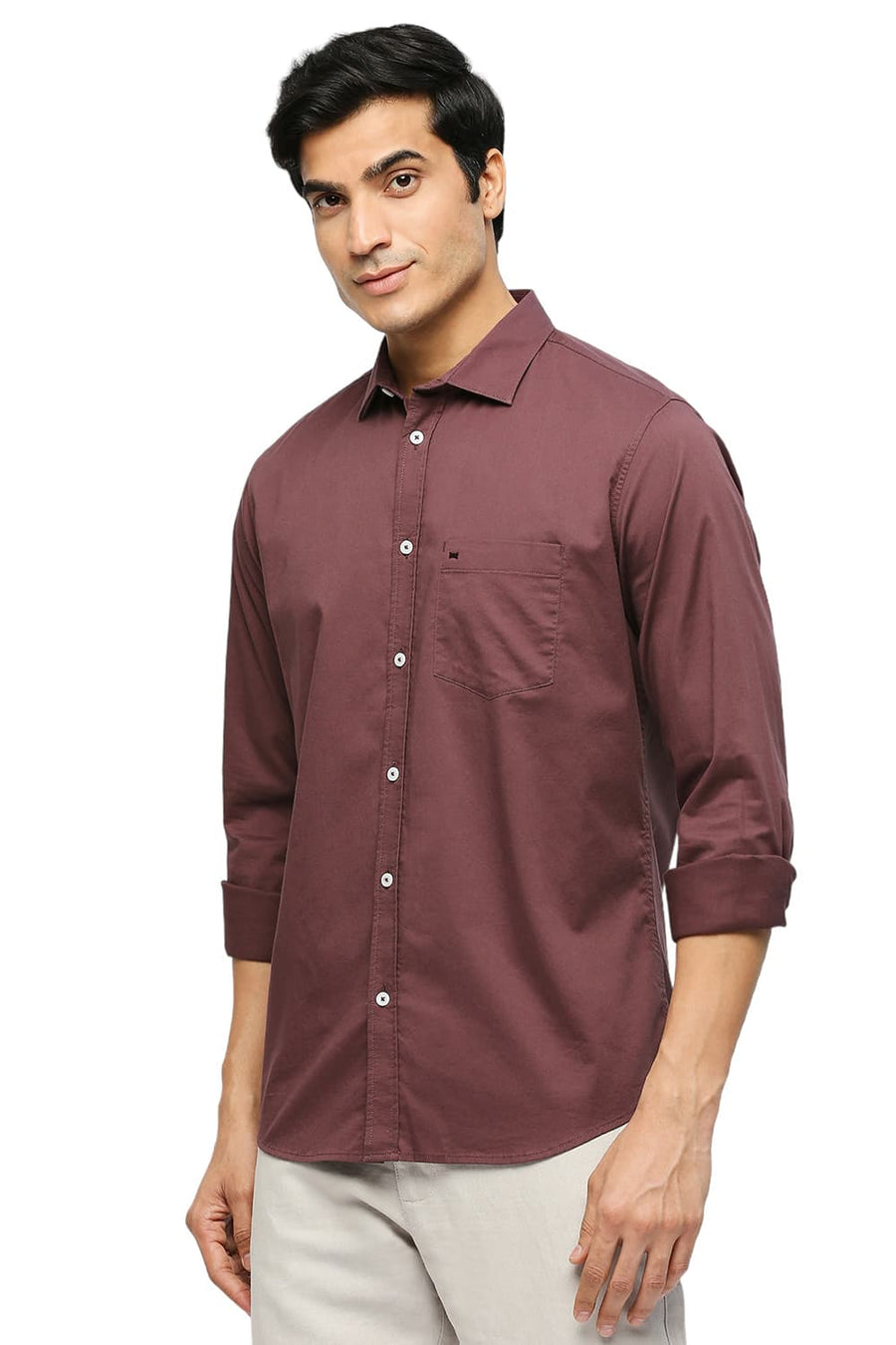 BASICS SLIM FIT BITTER BROWN COTTON STRETCH TWILL SHIRT