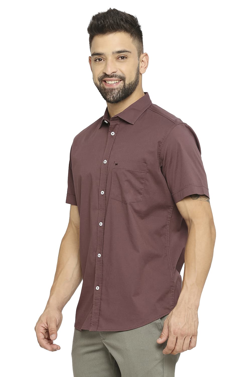 BASICS SLIM FIT COTTON STRETCH TWILL HALFSLEEVES SHIRT