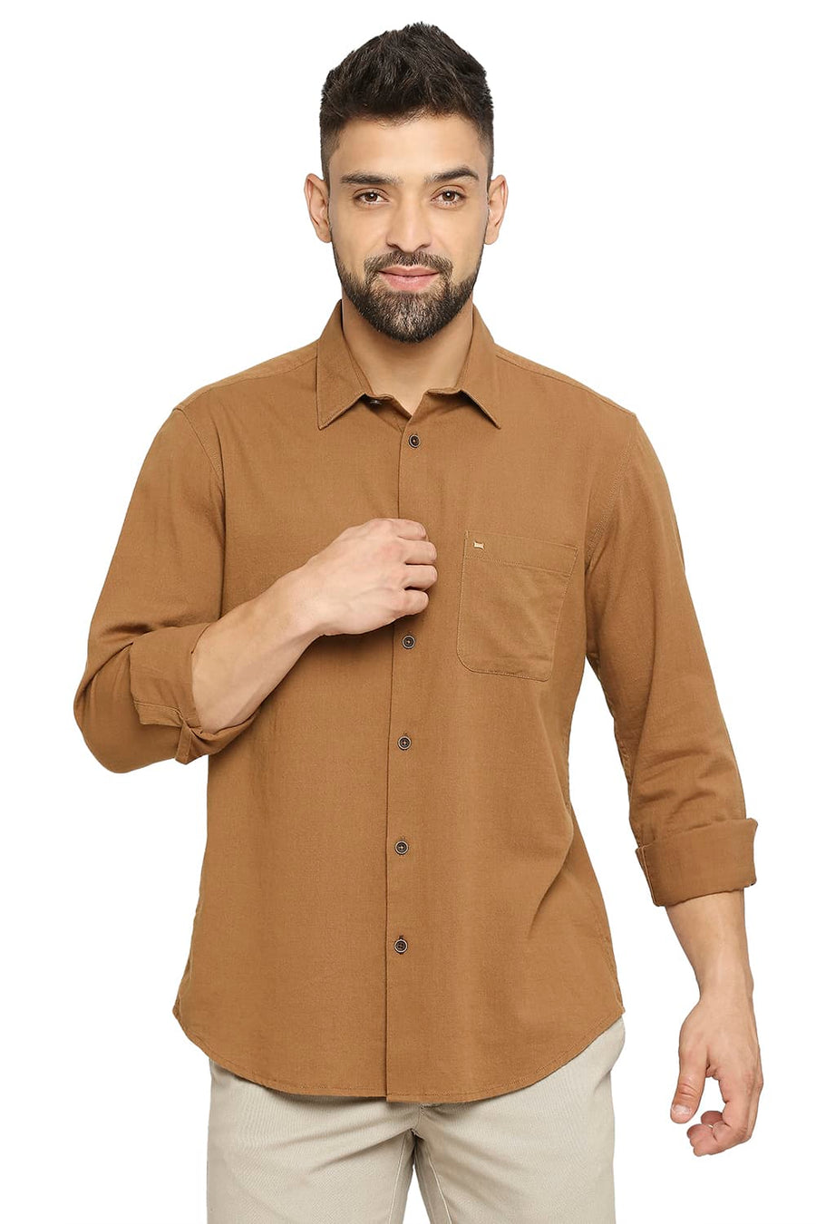 BASICS SLIM FIT DACHSHUND KHAKI COTTON SLUB TWILL SHIRT