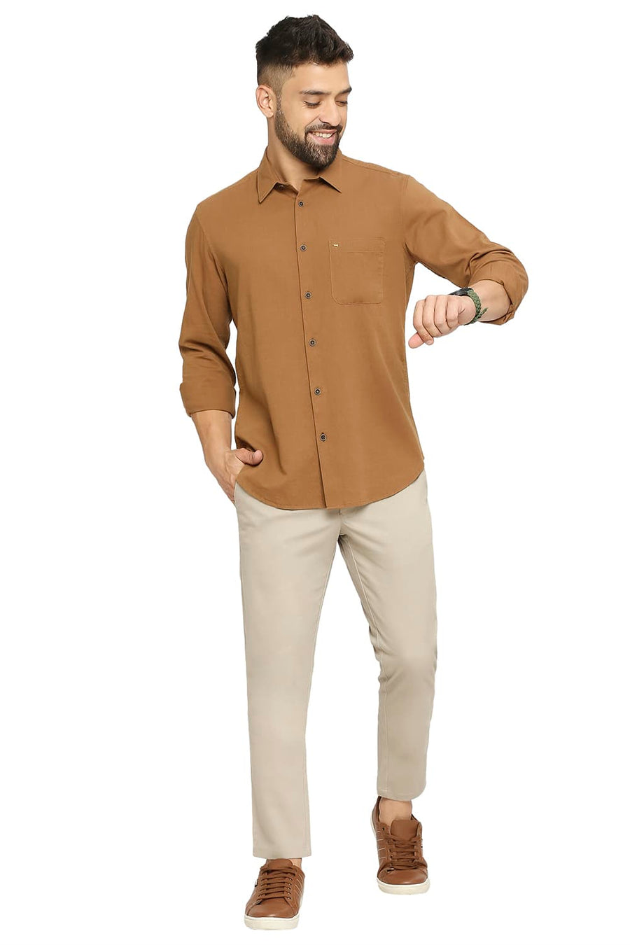 BASICS SLIM FIT DACHSHUND KHAKI COTTON SLUB TWILL SHIRT