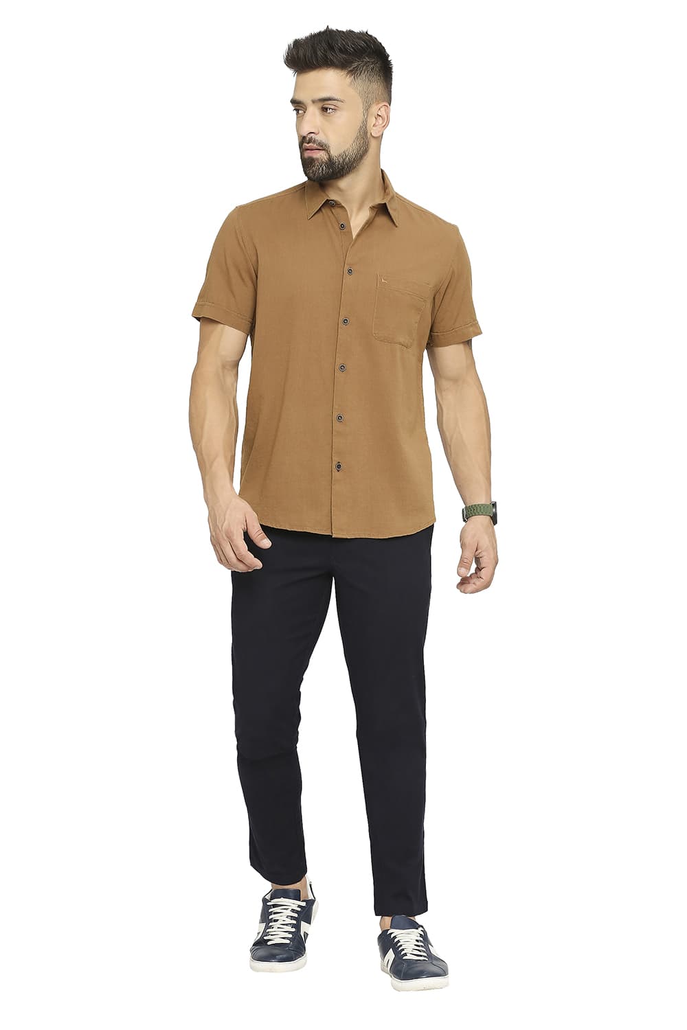 BASICS SLIM FIT COTTON SLUB TWILL HALFSLEEVES SHIRT