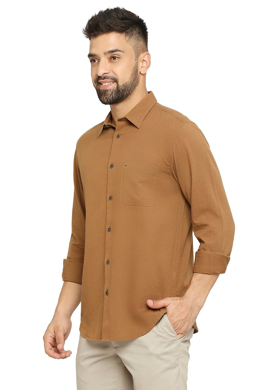 BASICS SLIM FIT DACHSHUND KHAKI COTTON SLUB TWILL SHIRT