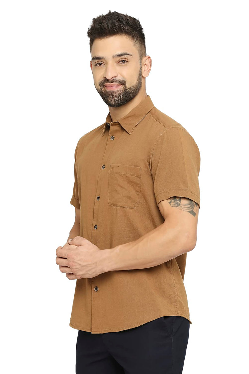 BASICS SLIM FIT COTTON SLUB TWILL HALFSLEEVES SHIRT