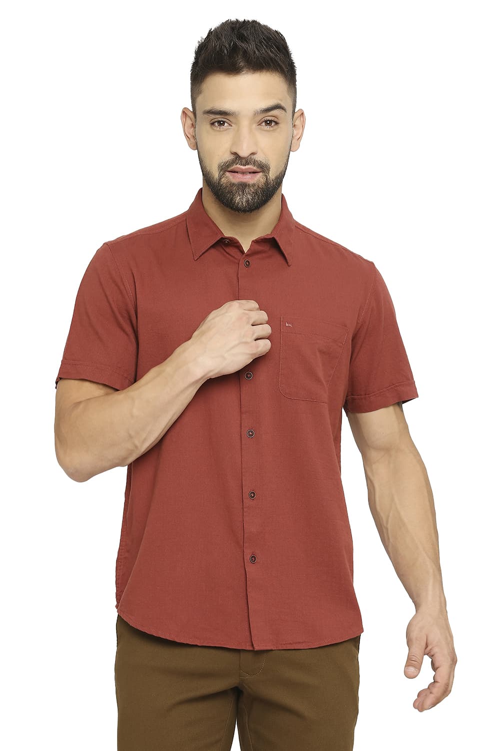 BASICS SLIM FIT COTTON SLUB TWILL HALFSLEEVES SHIRT