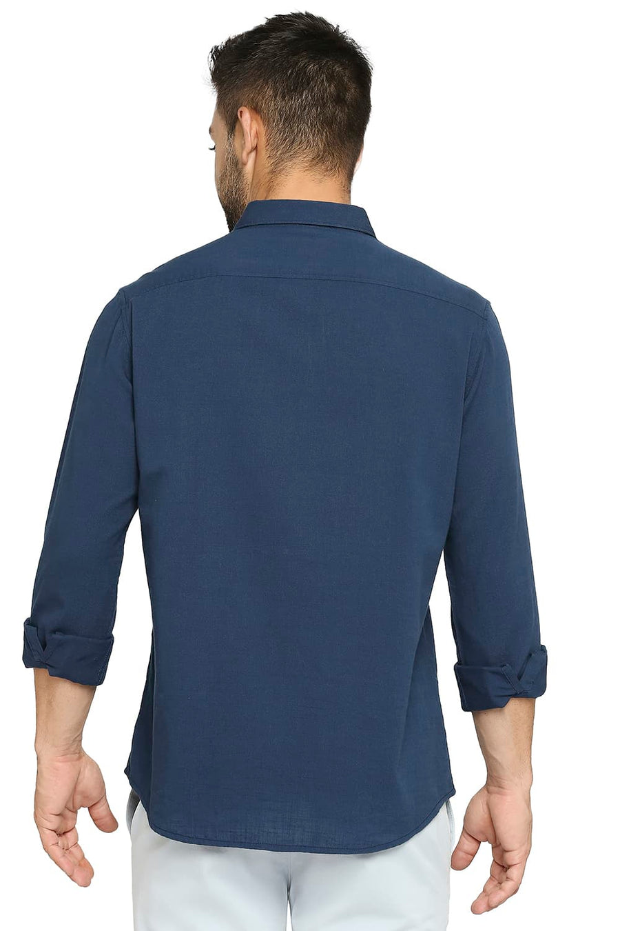 BASICS SLIM FIT MAJOLICA NAVY COTTON SLUB TWILL SHIRT