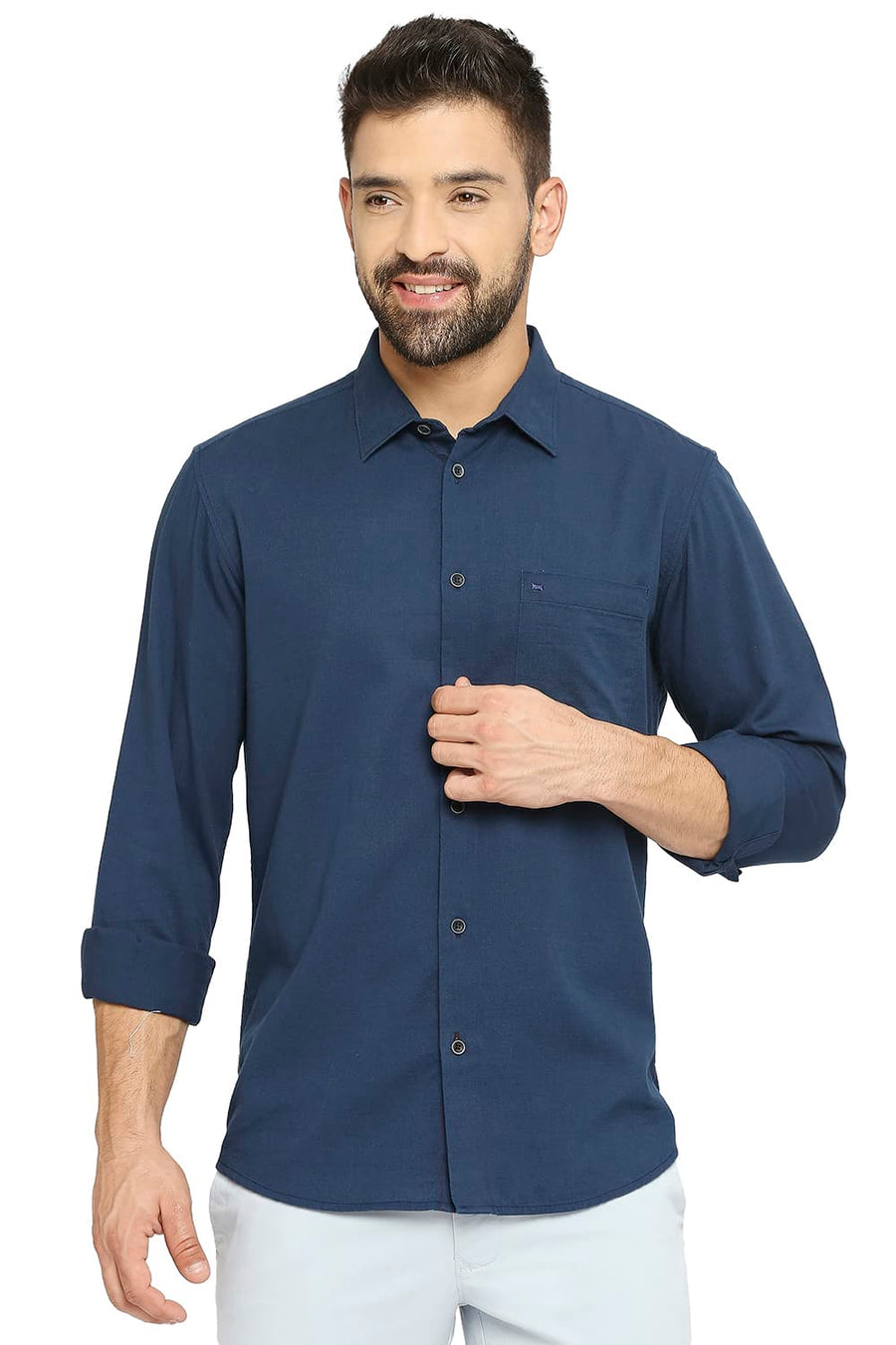 BASICS SLIM FIT MAJOLICA NAVY COTTON SLUB TWILL SHIRT