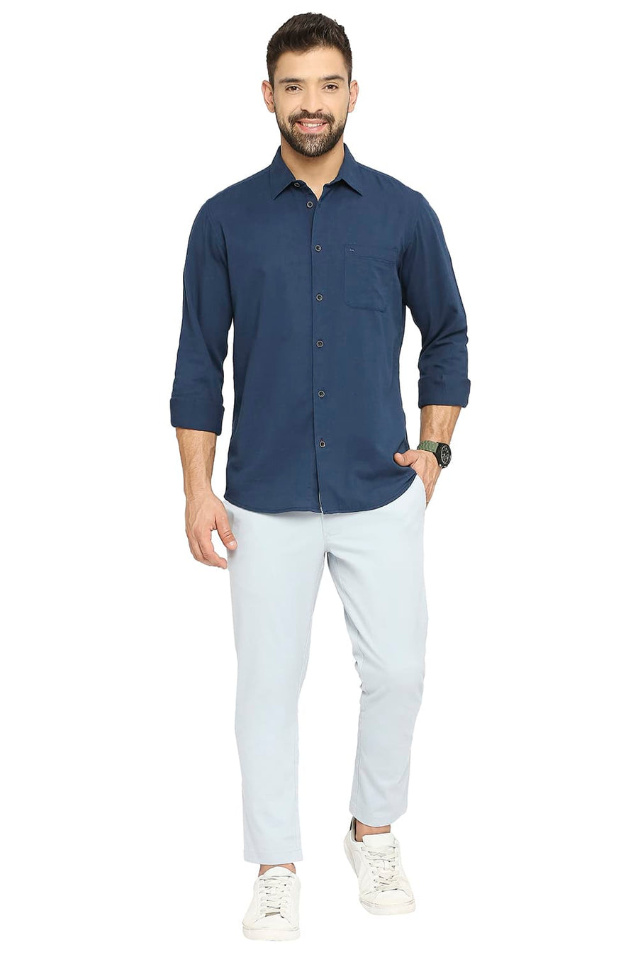 BASICS SLIM FIT MAJOLICA NAVY COTTON SLUB TWILL SHIRT