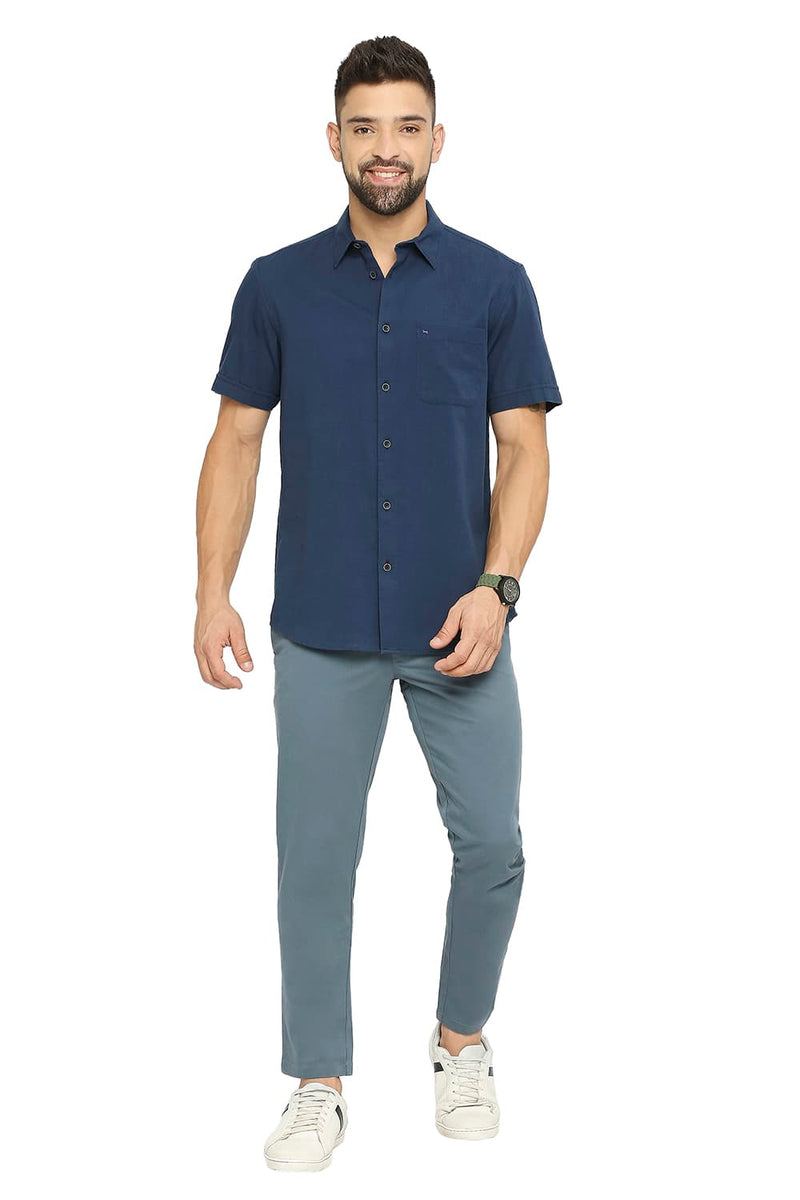 BASICS SLIM FIT COTTON SLUB TWILL HALFSLEEVES SHIRT