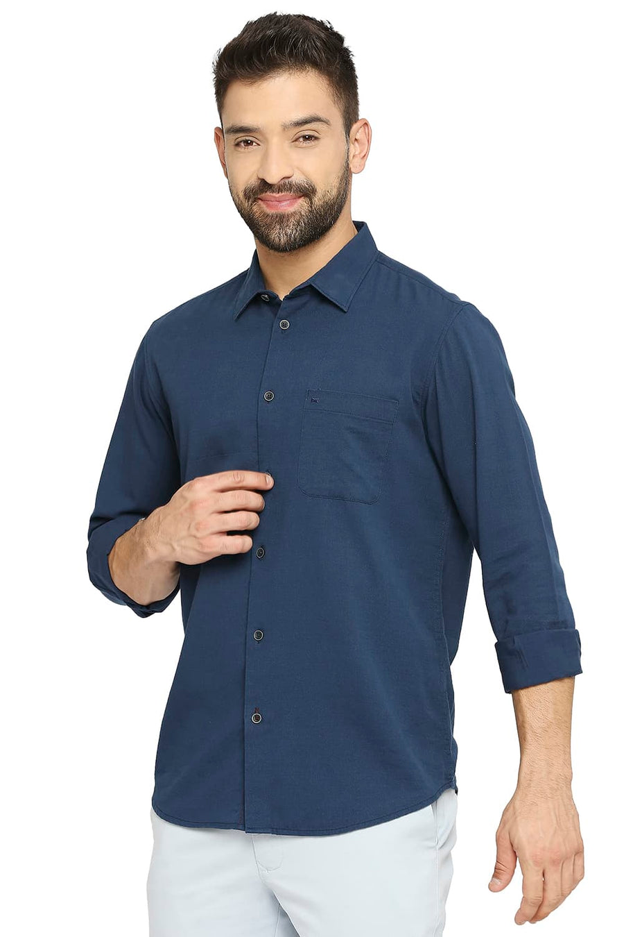 BASICS SLIM FIT MAJOLICA NAVY COTTON SLUB TWILL SHIRT