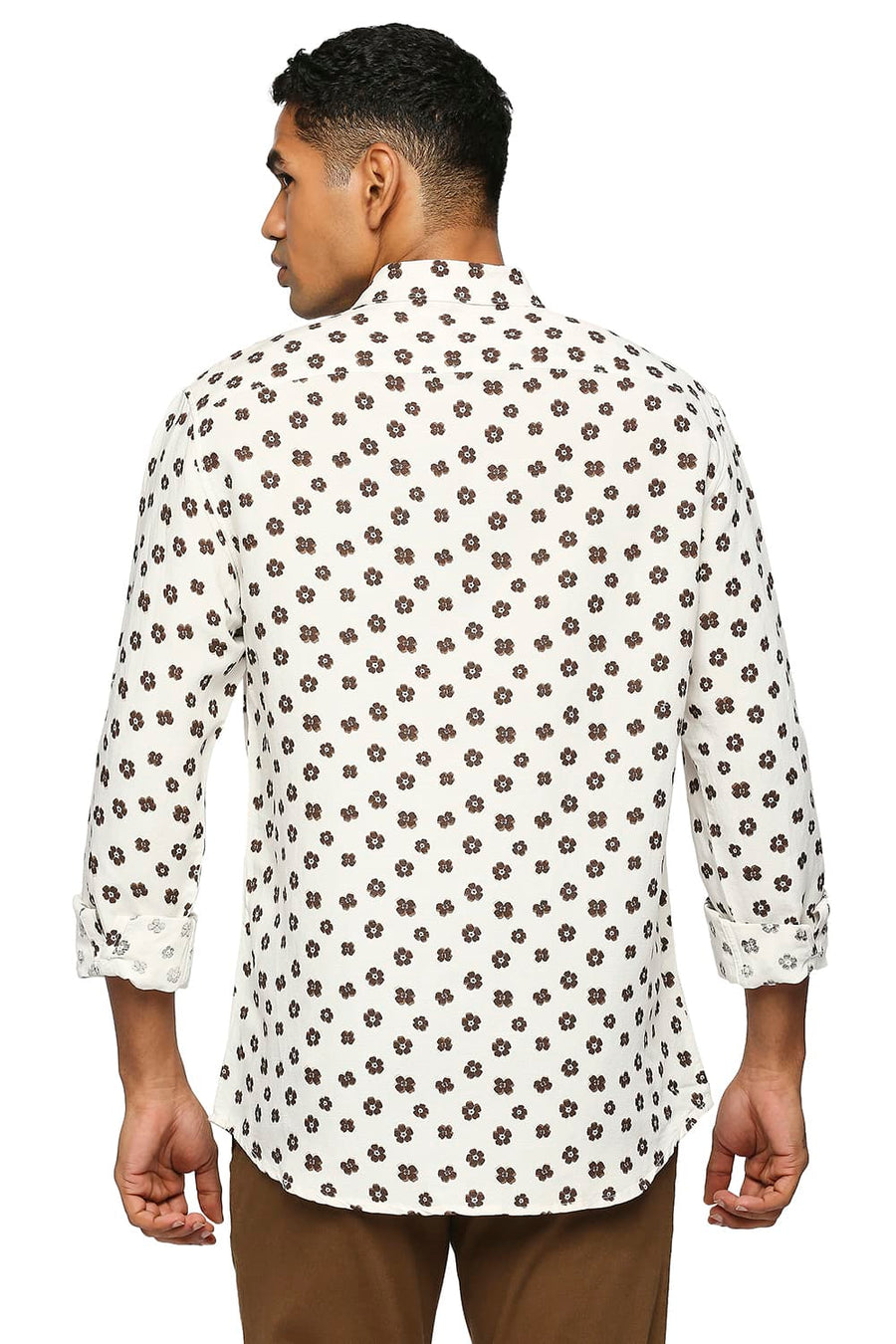 BASICS SLIM FIT ANTIQUE BEIGE LINEN VISCOSE PRINTED SHIRT