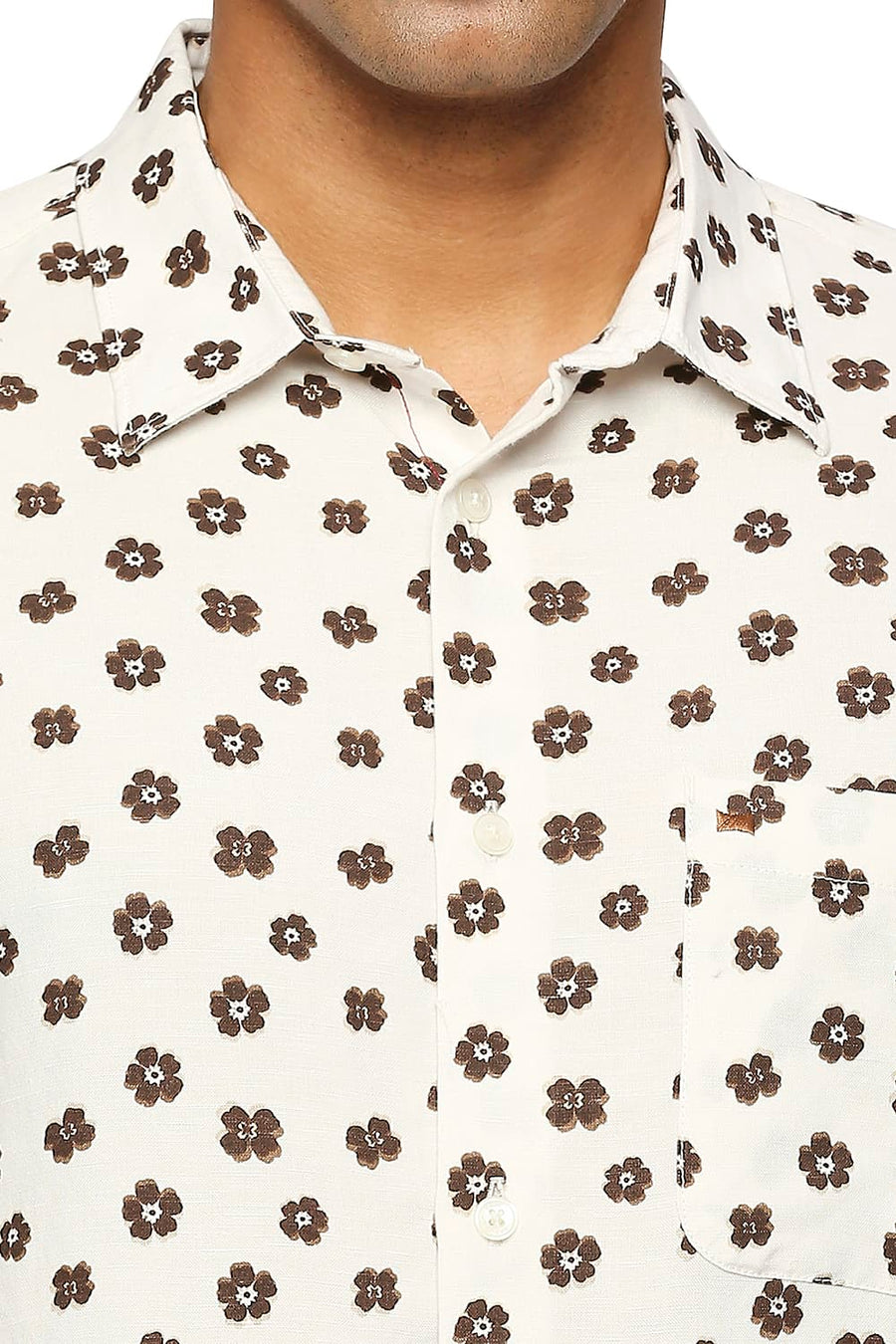 BASICS SLIM FIT ANTIQUE BEIGE LINEN VISCOSE PRINTED SHIRT
