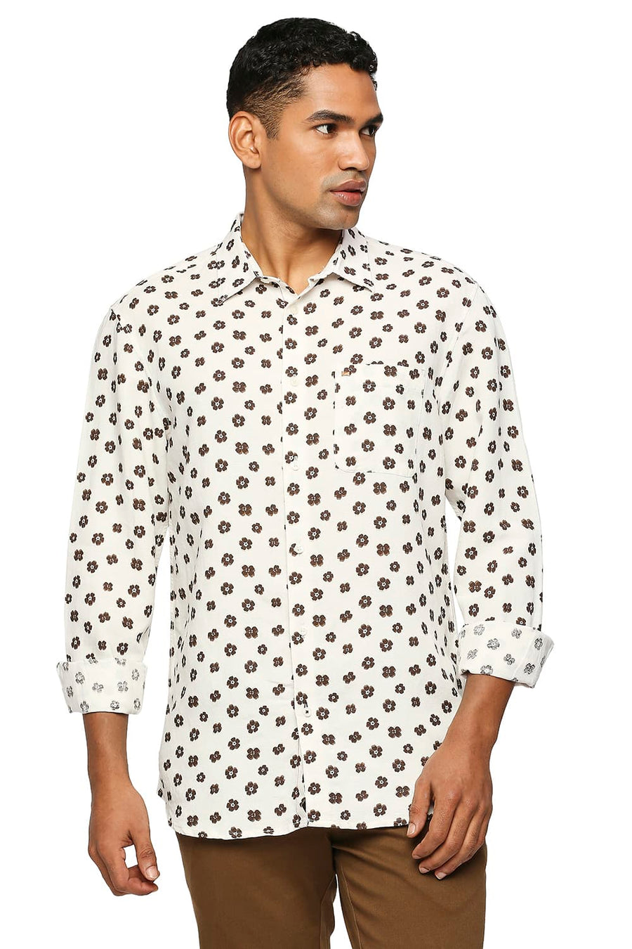 BASICS SLIM FIT ANTIQUE BEIGE LINEN VISCOSE PRINTED SHIRT