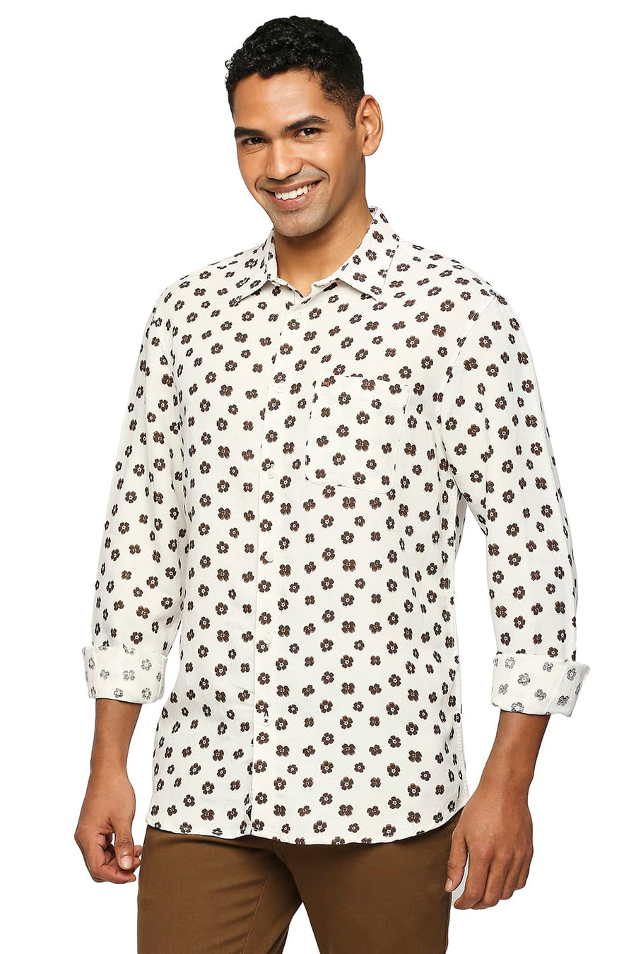 BASICS SLIM FIT ANTIQUE BEIGE LINEN VISCOSE PRINTED SHIRT