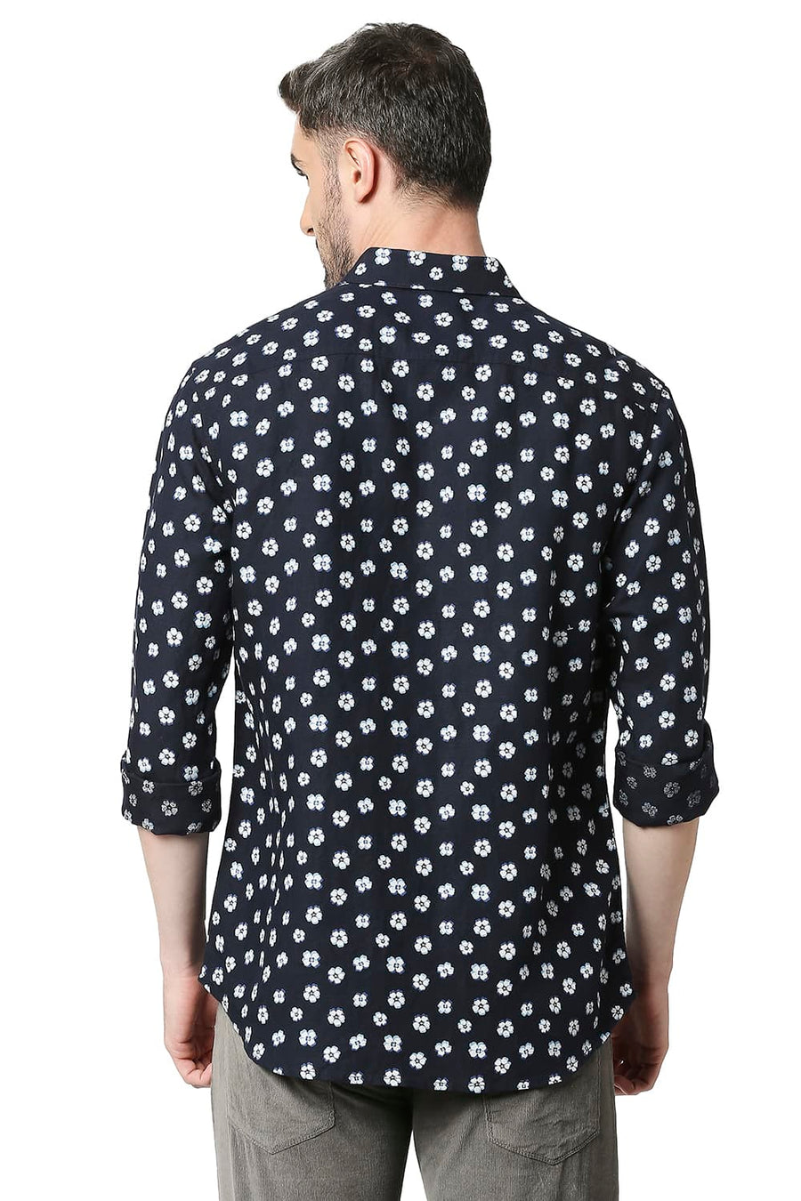 BASICS SLIM FIT SPACE NAVY LINEN VISCOSE PRINTED SHIRT