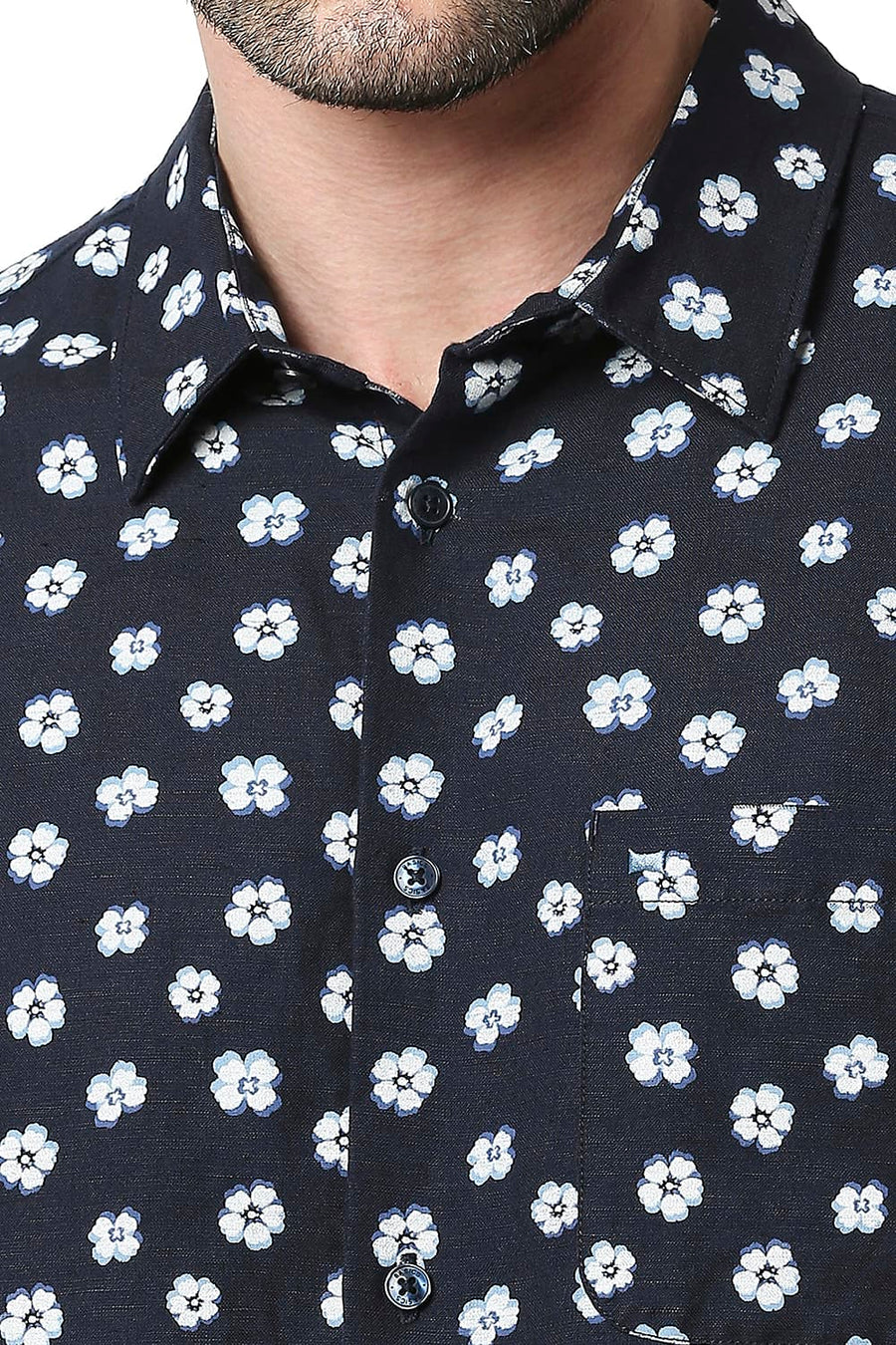 BASICS SLIM FIT SPACE NAVY LINEN VISCOSE PRINTED SHIRT