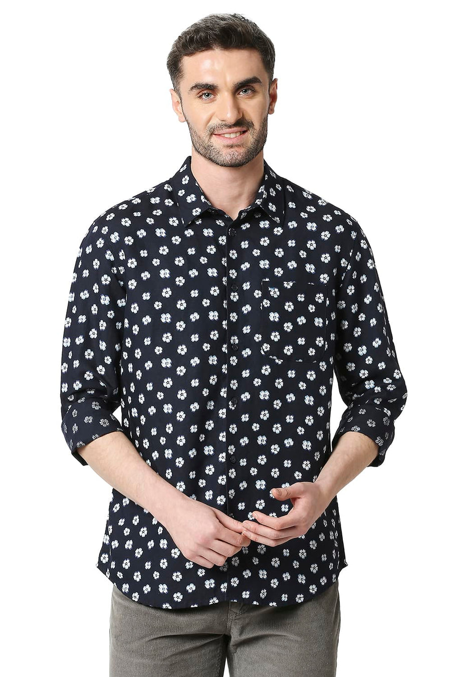 BASICS SLIM FIT SPACE NAVY LINEN VISCOSE PRINTED SHIRT