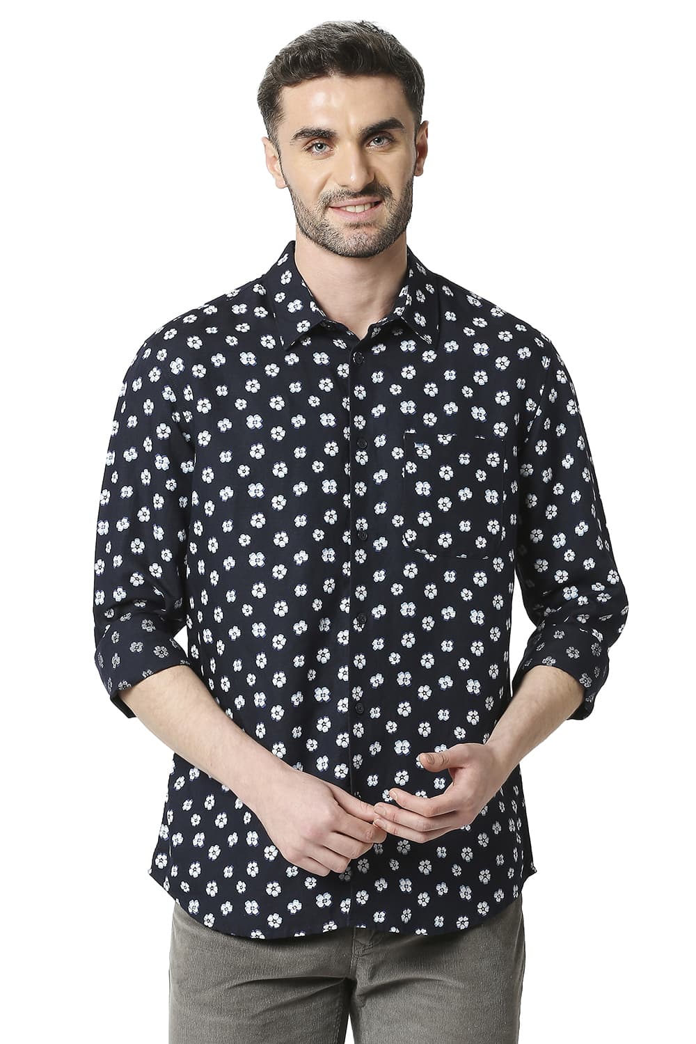 BASICS SLIM FIT LINEN VISCOSE PRINTED SHIRT