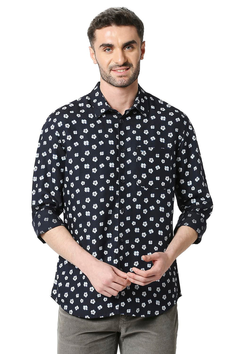 BASICS SLIM FIT LINEN VISCOSE PRINTED SHIRT