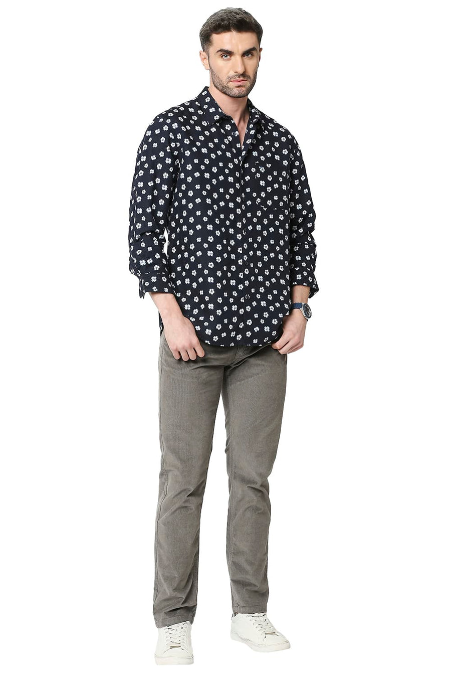 BASICS SLIM FIT SPACE NAVY LINEN VISCOSE PRINTED SHIRT