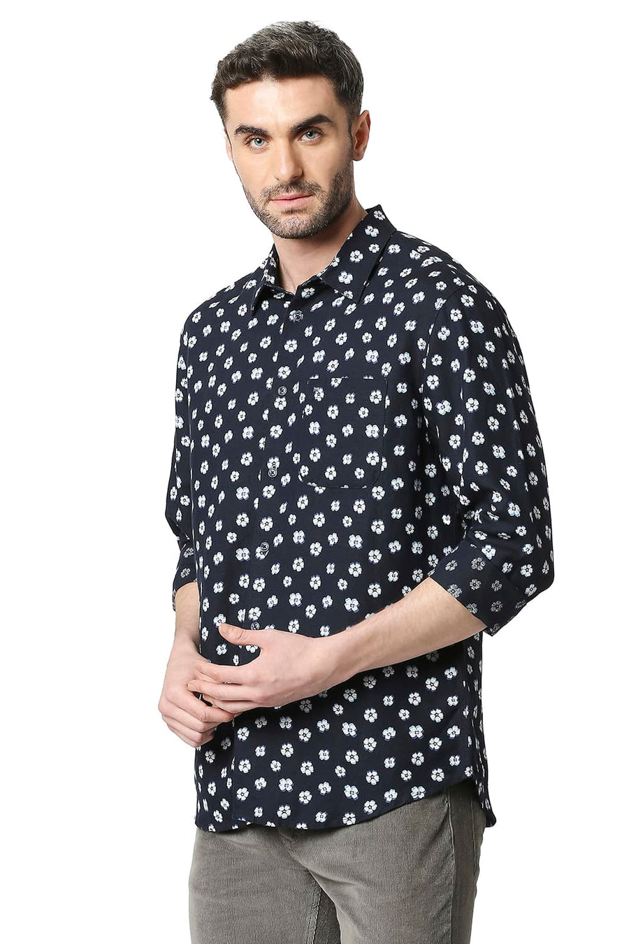 BASICS SLIM FIT SPACE NAVY LINEN VISCOSE PRINTED SHIRT