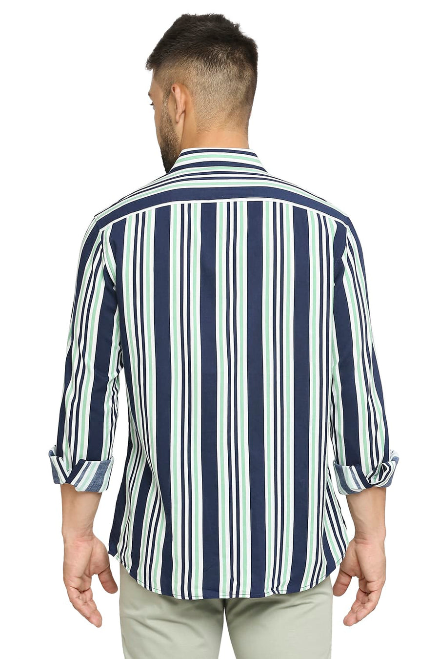 BASICS SLIM FIT PINE GREEN COTTON VISCOSE PRINTED STRIPE SHIRT