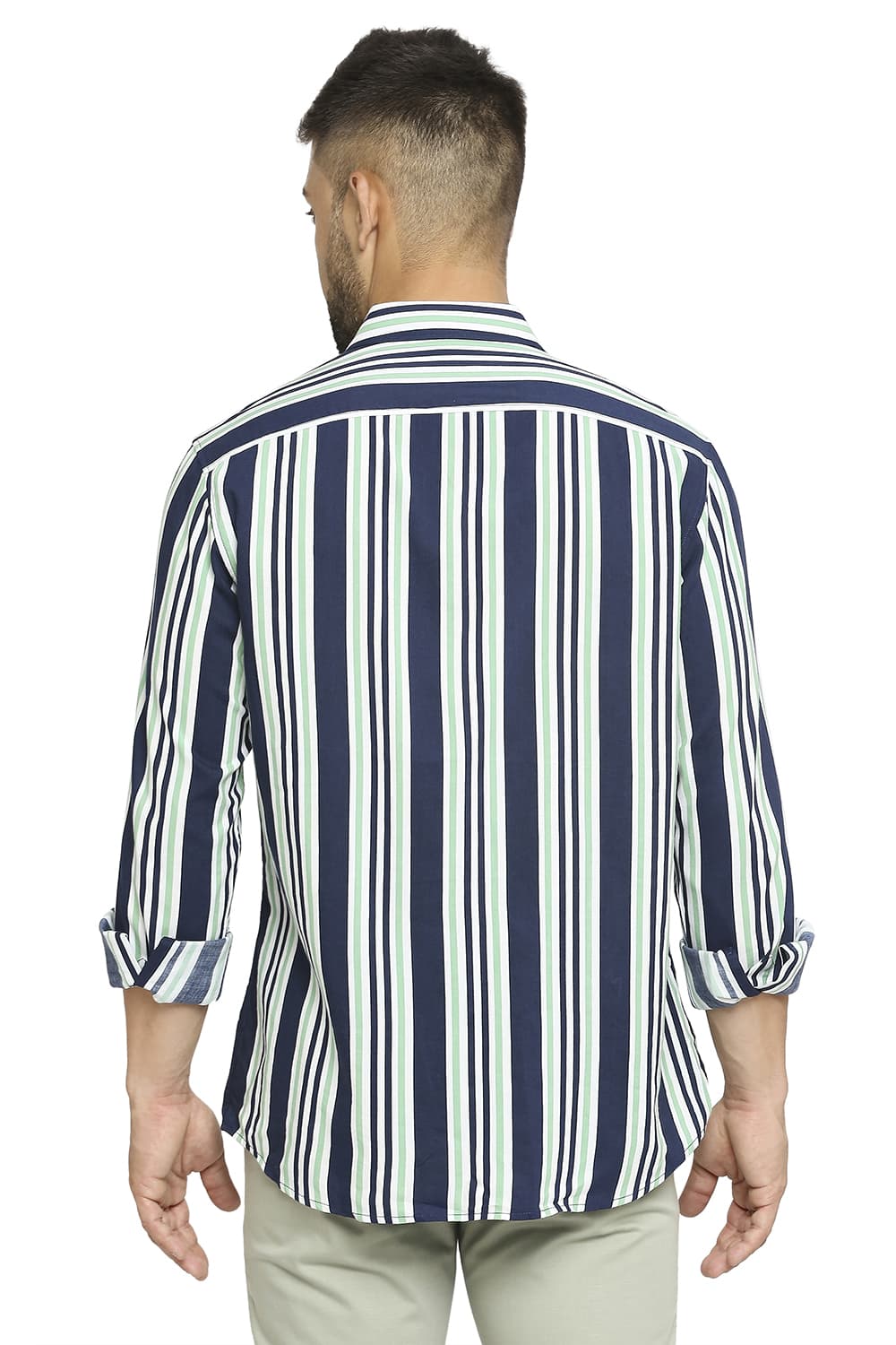 BASICS SLIM FIT COTTON VISCOSE PRINTED STRIPE SHIRT